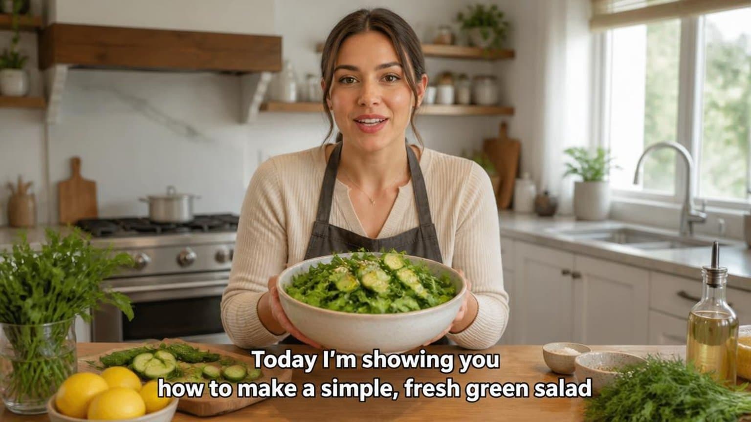 Video frame with captions over a cooking scene